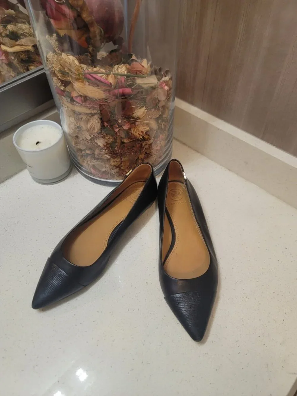 Tory Burch Penelope Pointed Toe Leather Flats Black Size 7.5 M